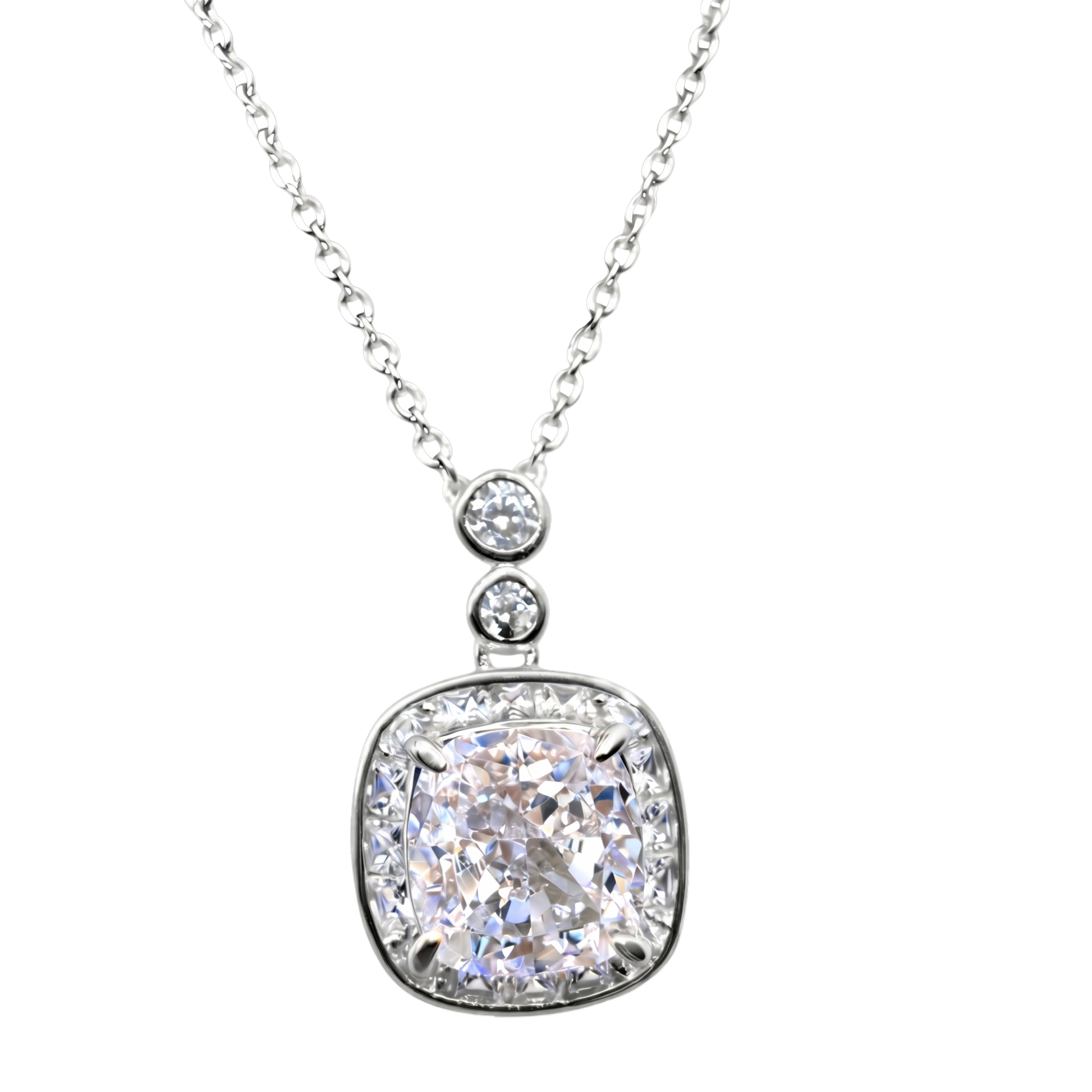Close-up of Marissa silver square zircon pendant necklace, sterling silver S925 setting with brilliant zircon sparkle and polished modern design.