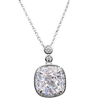 Close-up of Marissa silver square zircon pendant necklace, sterling silver S925 setting with brilliant zircon sparkle and polished modern design.