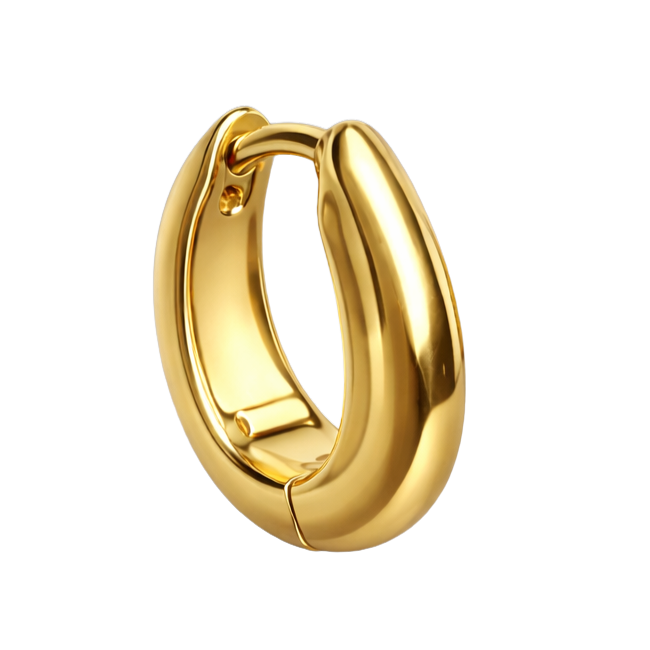 Close-up of 14K gold plated sterling silver earrings, highlighting the bold curved shape and fine jewelry finish.