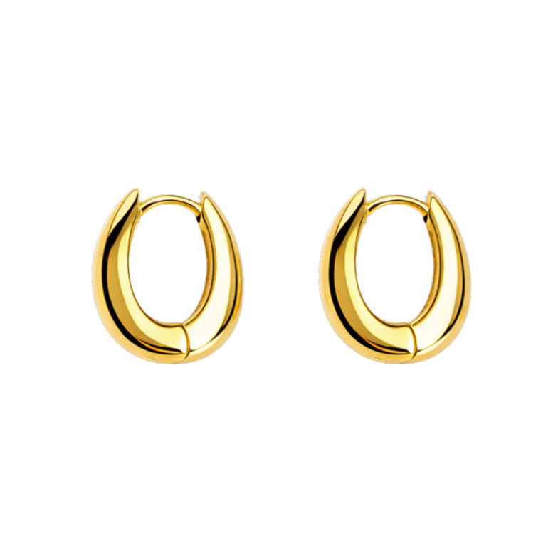 Front view of Mia S925 sterling silver huggie hoop earrings with 14K gold plating and smooth minimalist design.