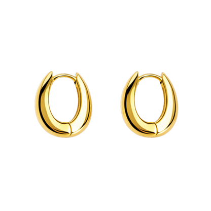 Front view of Mia S925 sterling silver huggie hoop earrings with 14K gold plating and smooth minimalist design.
