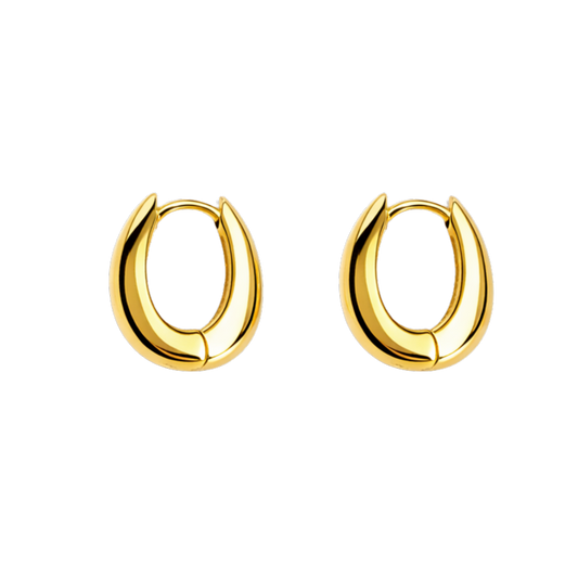 Front view of Mia S925 sterling silver huggie hoop earrings with 14K gold plating and smooth minimalist design.