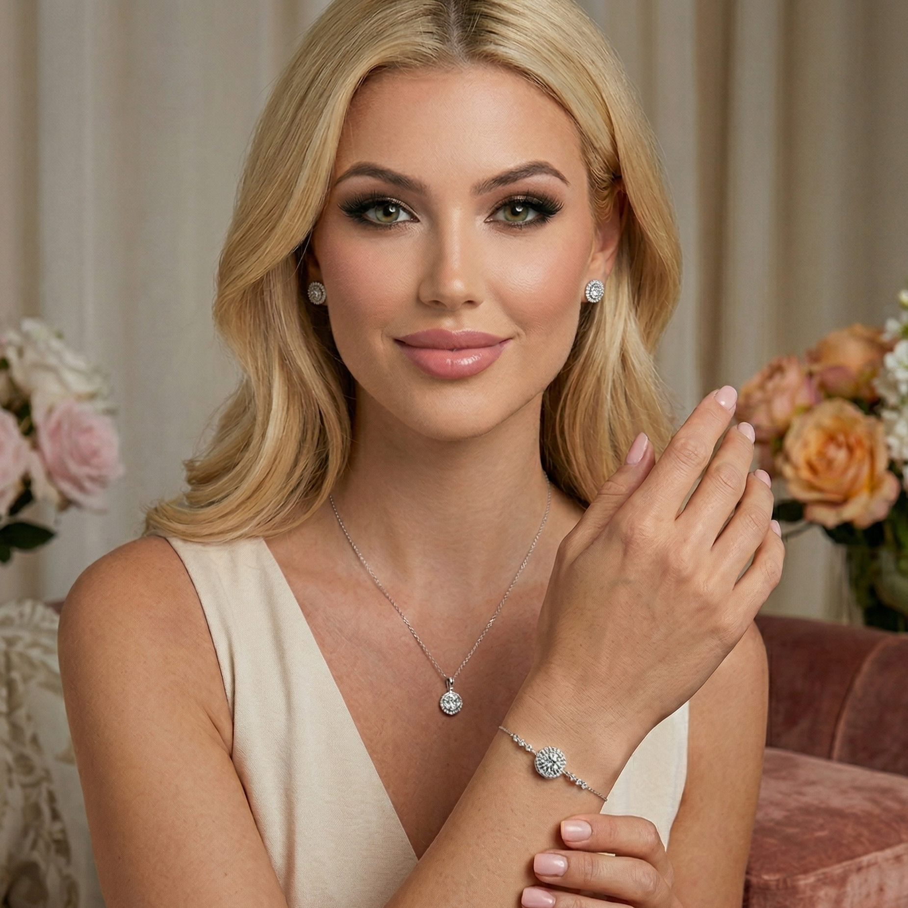 Close-up of moissanite halo jewelry set crafted in S925 sterling silver with rhodium plating. Round brilliant-cut stones with VVS1 clarity deliver maximum shine and elegance.