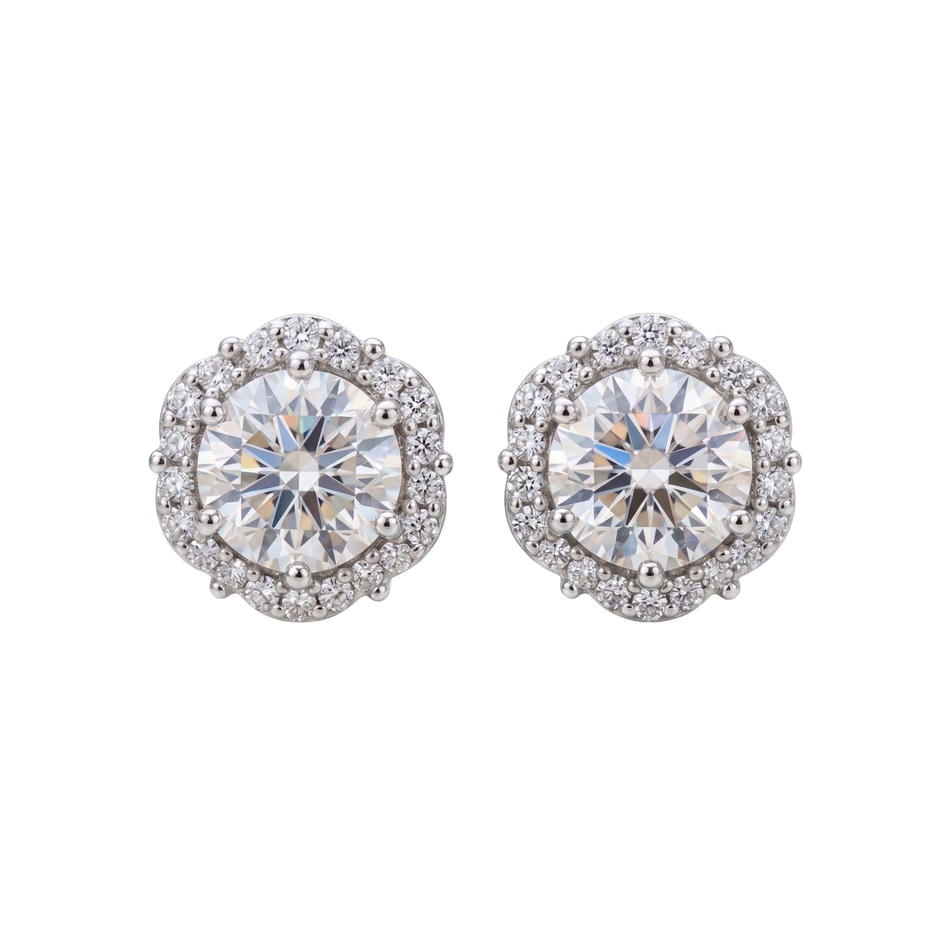 Evie moissanite halo stud earrings in S925 sterling silver with rhodium plated finish, featuring 1 carat D color moissanite with lab grown diamond brilliance.