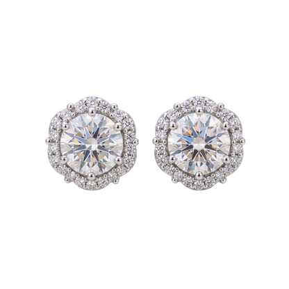 Evie moissanite halo stud earrings in S925 sterling silver with rhodium plated finish, featuring 1 carat D color moissanite with lab grown diamond brilliance.
