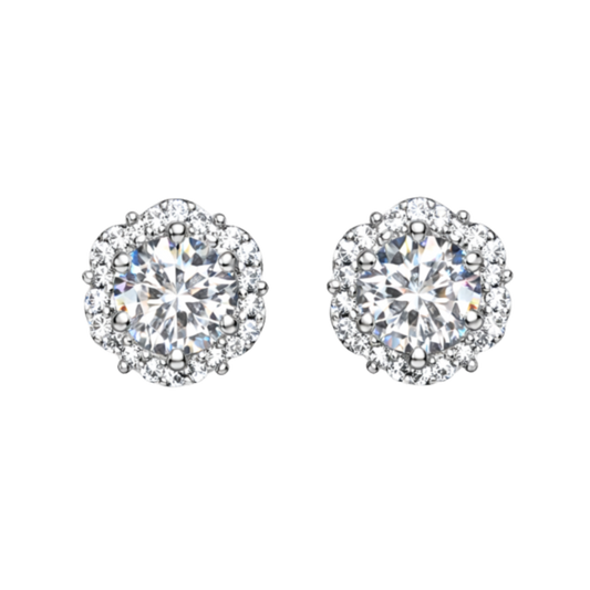 Evie moissanite halo stud earrings in S925 sterling silver with rhodium plated finish, featuring 1 carat D color moissanite with lab grown diamond brilliance.