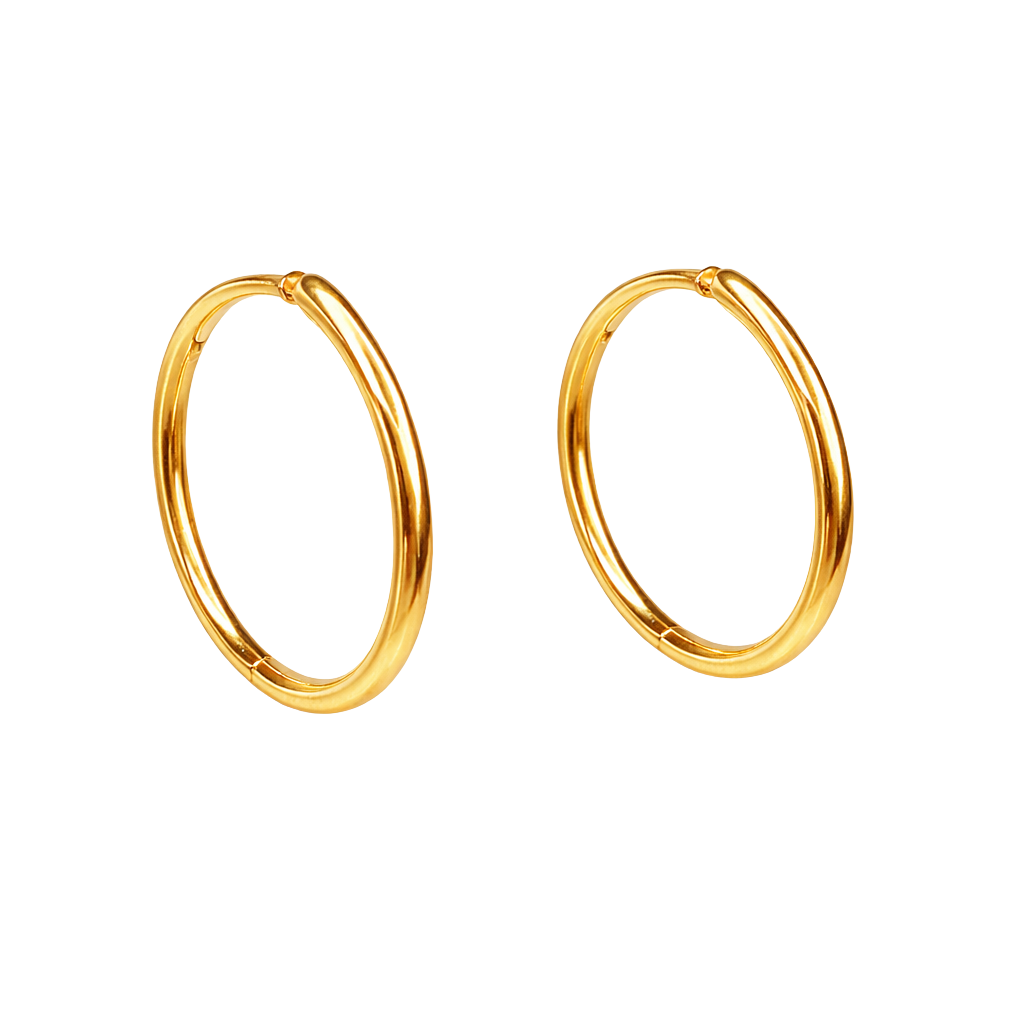 Close-up of 18K gold plated sterling silver earrings, highlighting the sleek thin hoop shape and polished finish.