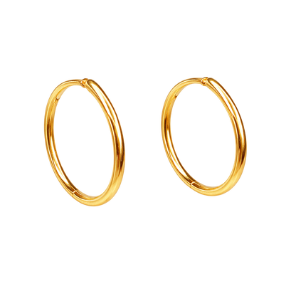 Close-up of 18K gold plated sterling silver earrings, highlighting the sleek thin hoop shape and polished finish.
