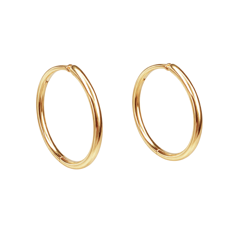 Close-up of 18K gold plated sterling silver earrings, highlighting the sleek thin hoop shape and polished finish.