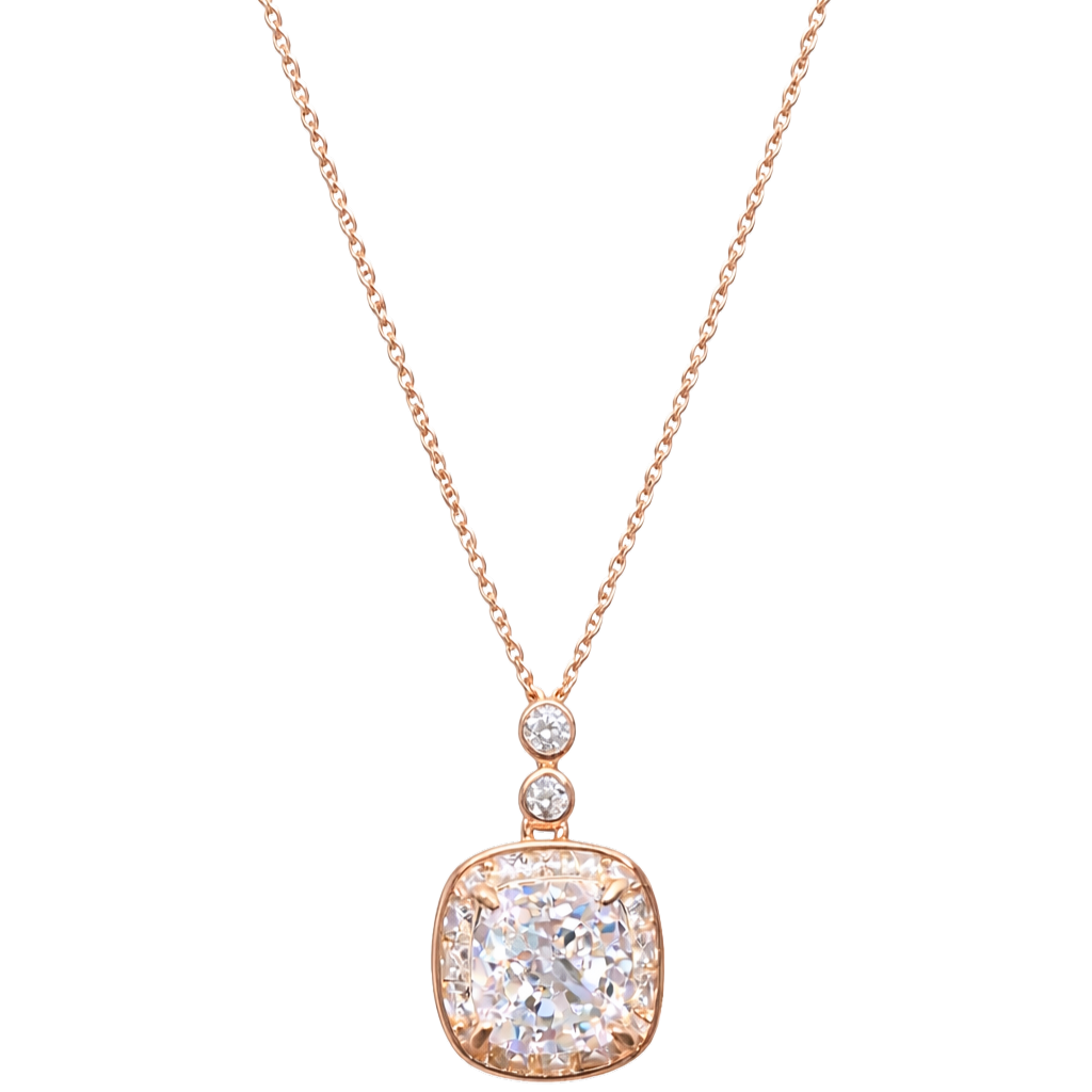 Close-up of Marissa rose gold zircon pendant, S925 sterling silver with warm rose gold finish and brilliant zircon detail.