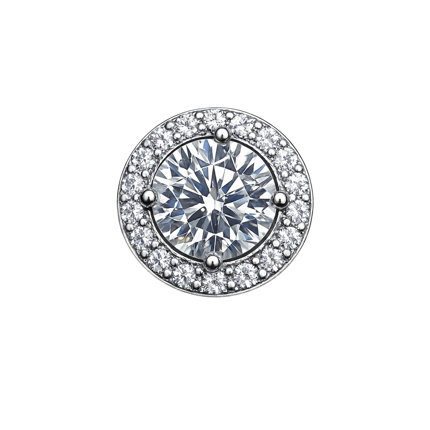 Sandra  moissanite silver earrings with halo design, VVS clarity and D color stone, crafted in rhodium plated sterling silver.