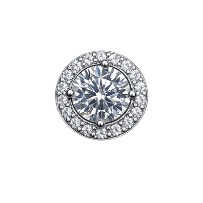 Sandra  moissanite silver earrings with halo design, VVS clarity and D color stone, crafted in rhodium plated sterling silver.
