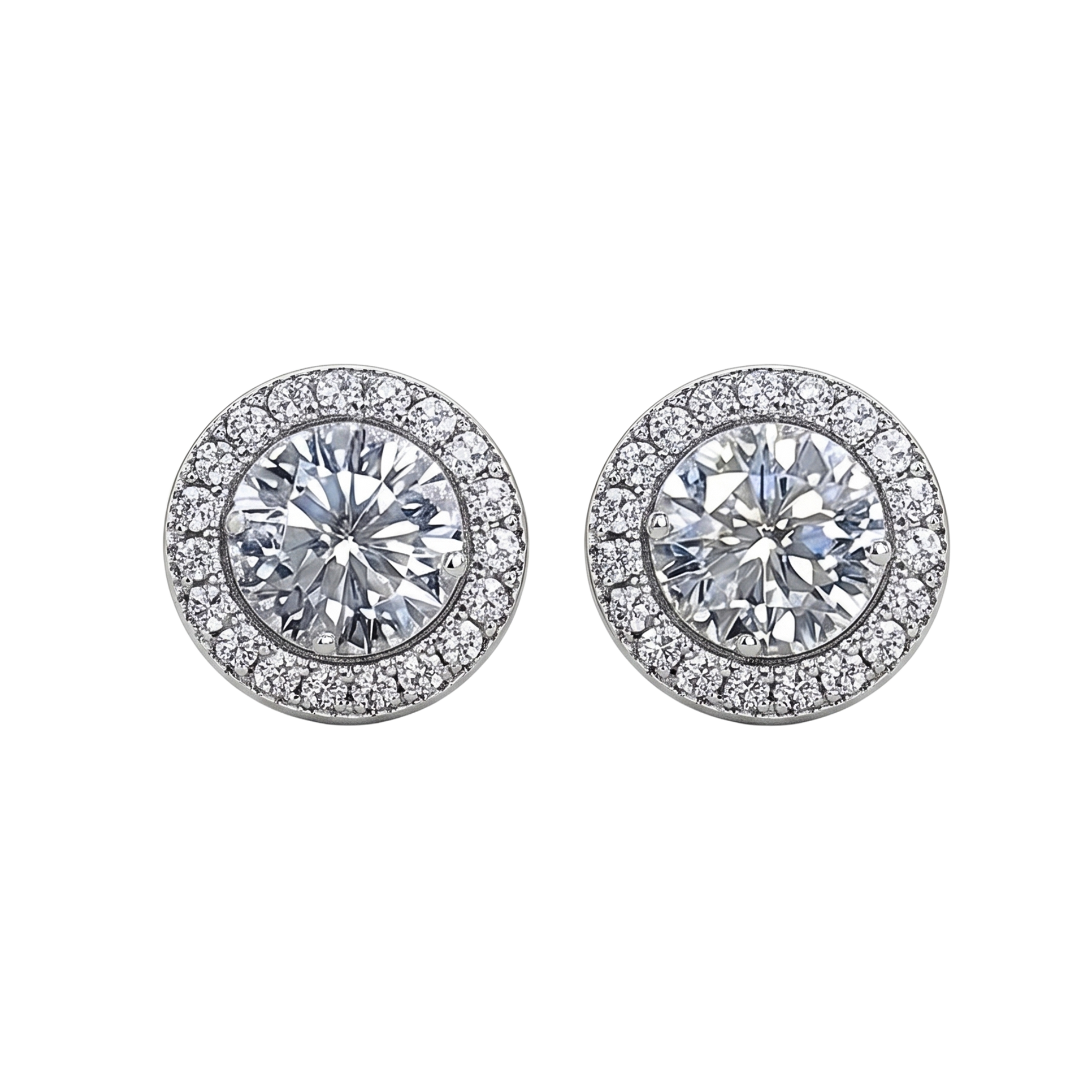 Sandra 0.5 CT round brilliant moissanite halo stud earrings in sterling silver S925, rhodium plated, VVS D color, GRA certified.