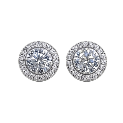 Sandra 0.5 CT round brilliant moissanite halo stud earrings in sterling silver S925, rhodium plated, VVS D color, GRA certified.