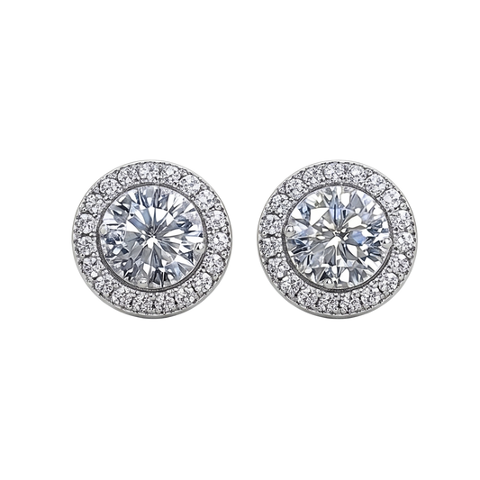 Sandra 0.5 CT round brilliant moissanite halo stud earrings in sterling silver S925, rhodium plated, VVS D color, GRA certified.