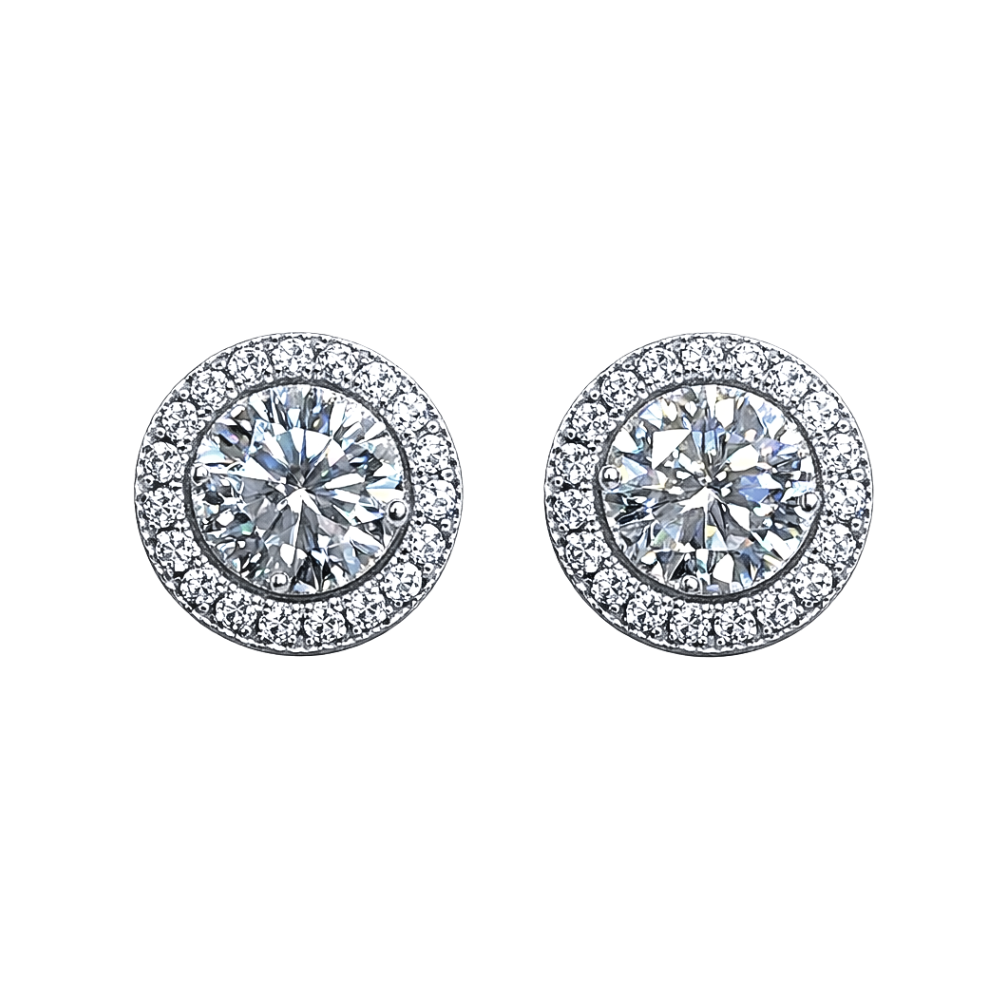 Sandra 0.5 CT round brilliant moissanite halo stud earrings in sterling silver S925, rhodium plated, VVS D color, GRA certified.