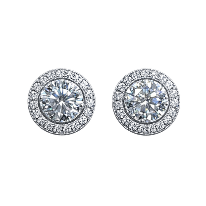 Sandra 0.5 CT round brilliant moissanite halo stud earrings in sterling silver S925, rhodium plated, VVS D color, GRA certified.