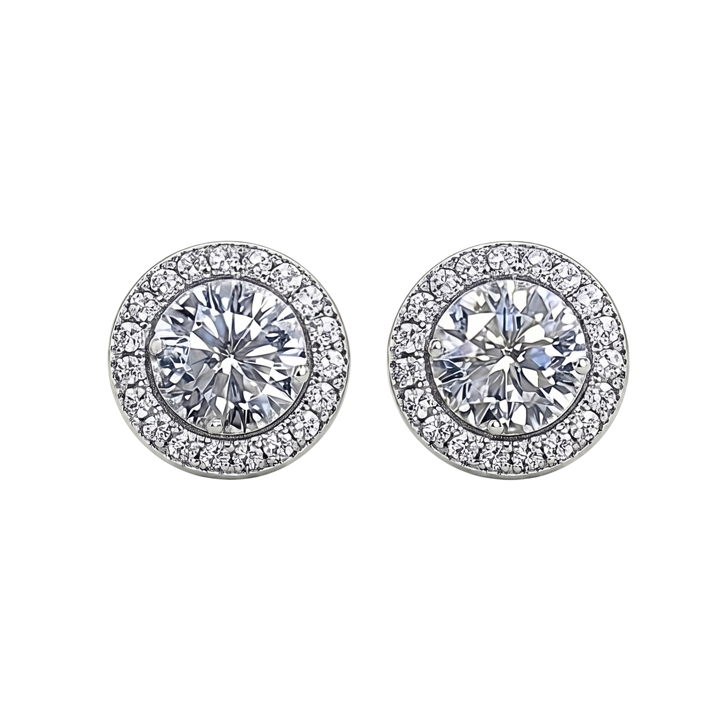 Sandra 0.5 CT round brilliant moissanite halo stud earrings in sterling silver S925, rhodium plated, VVS D color, GRA certified.