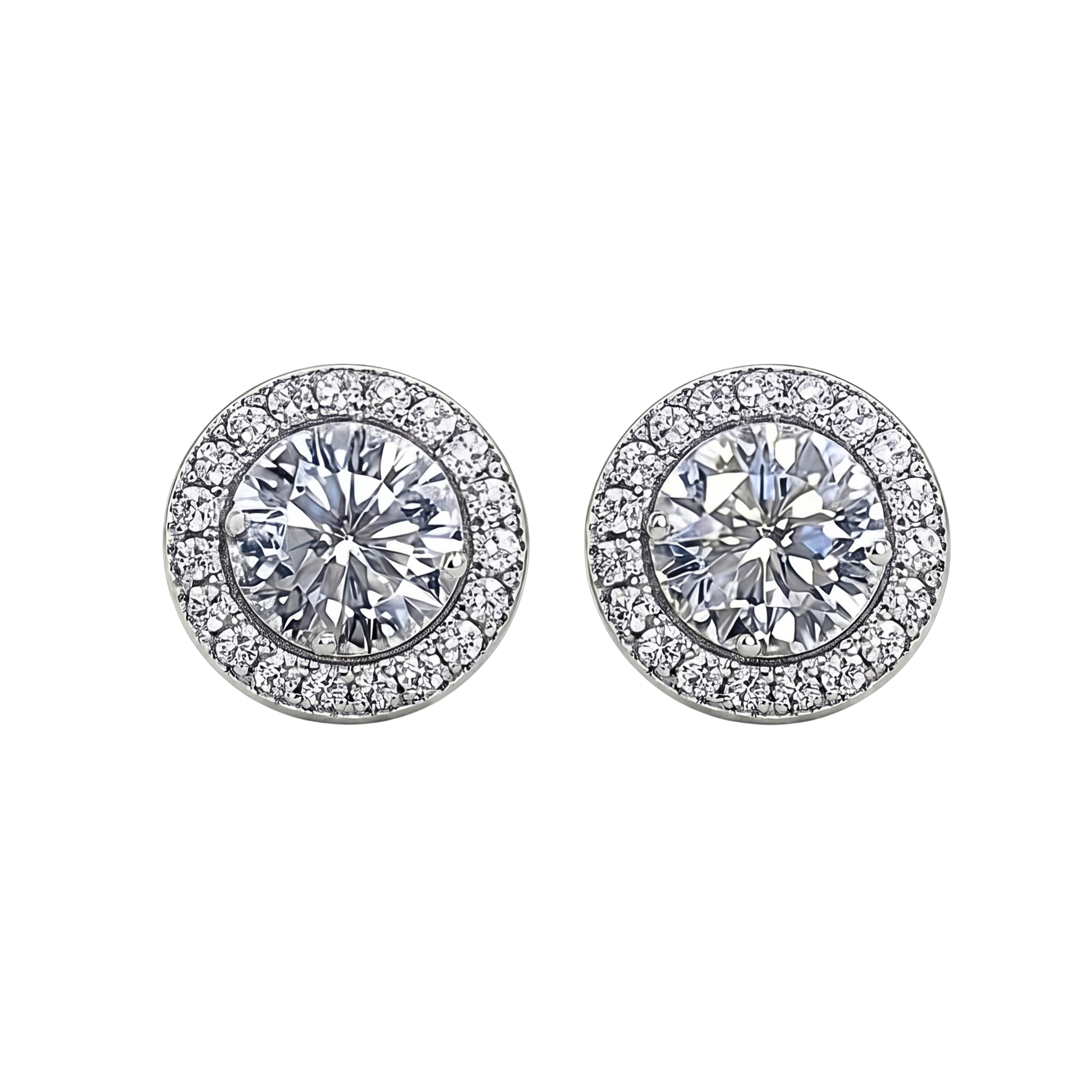Sandra 0.5 CT round brilliant moissanite halo stud earrings in sterling silver S925, rhodium plated, VVS D color, GRA certified.