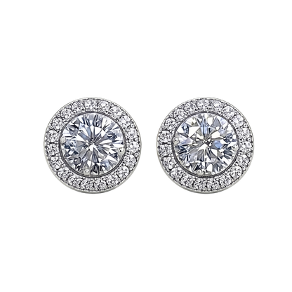 Sandra 0.5 CT round brilliant moissanite halo stud earrings in sterling silver S925, rhodium plated, VVS D color, GRA certified.