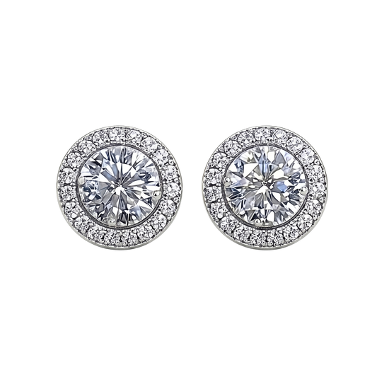 Sandra 0.5 CT round brilliant moissanite halo stud earrings in sterling silver S925, rhodium plated, VVS D color, GRA certified.