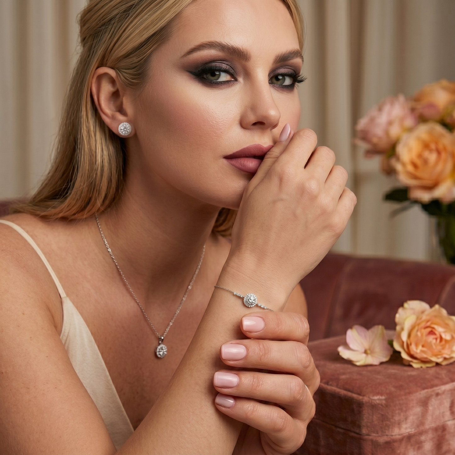 Close-up of moissanite halo jewelry set crafted in S925 sterling silver with rhodium plating. Round brilliant-cut stones with VVS1 clarity deliver maximum shine and elegance.