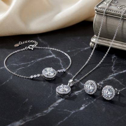 Elegant styling of Sandra moissanite sterling silver necklace, luxury silver jewelry for everyday wear with GRA certified moissanite.
