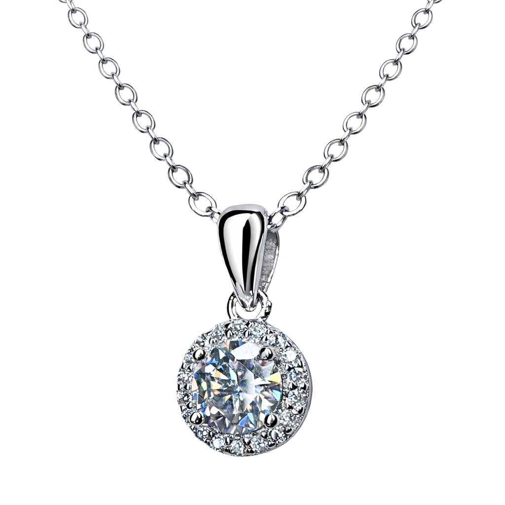 Close-up detail of 1ct moissanite stone set in rhodium plated sterling silver necklace, showcasing VVS clarity, D color, and excellent cut brilliance.