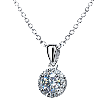Close-up detail of 1ct moissanite stone set in rhodium plated sterling silver necklace, showcasing VVS clarity, D color, and excellent cut brilliance.