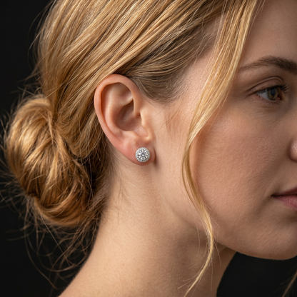 Fine silver jewelry – sterling silver moissanite halo stud earrings with round brilliant cut center stone and rhodium plated finish.