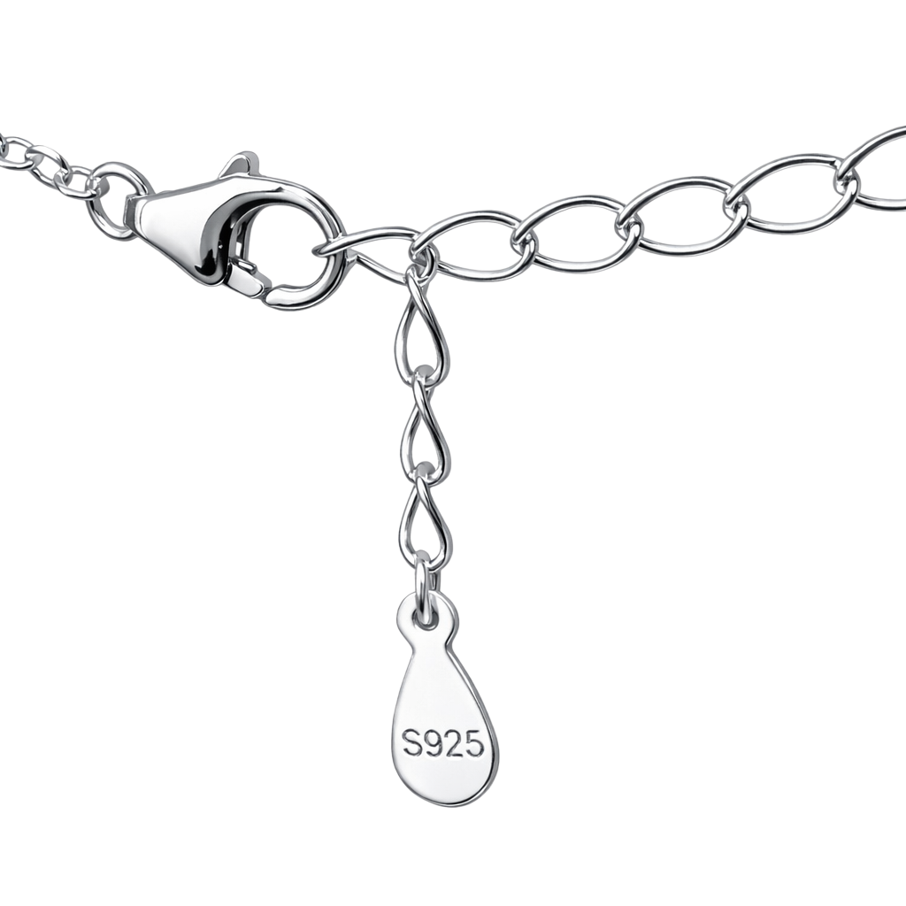 Sandra sterling silver moissanite necklace on white background highlighting minimalist fine jewelry design and diamond-like sparkle.