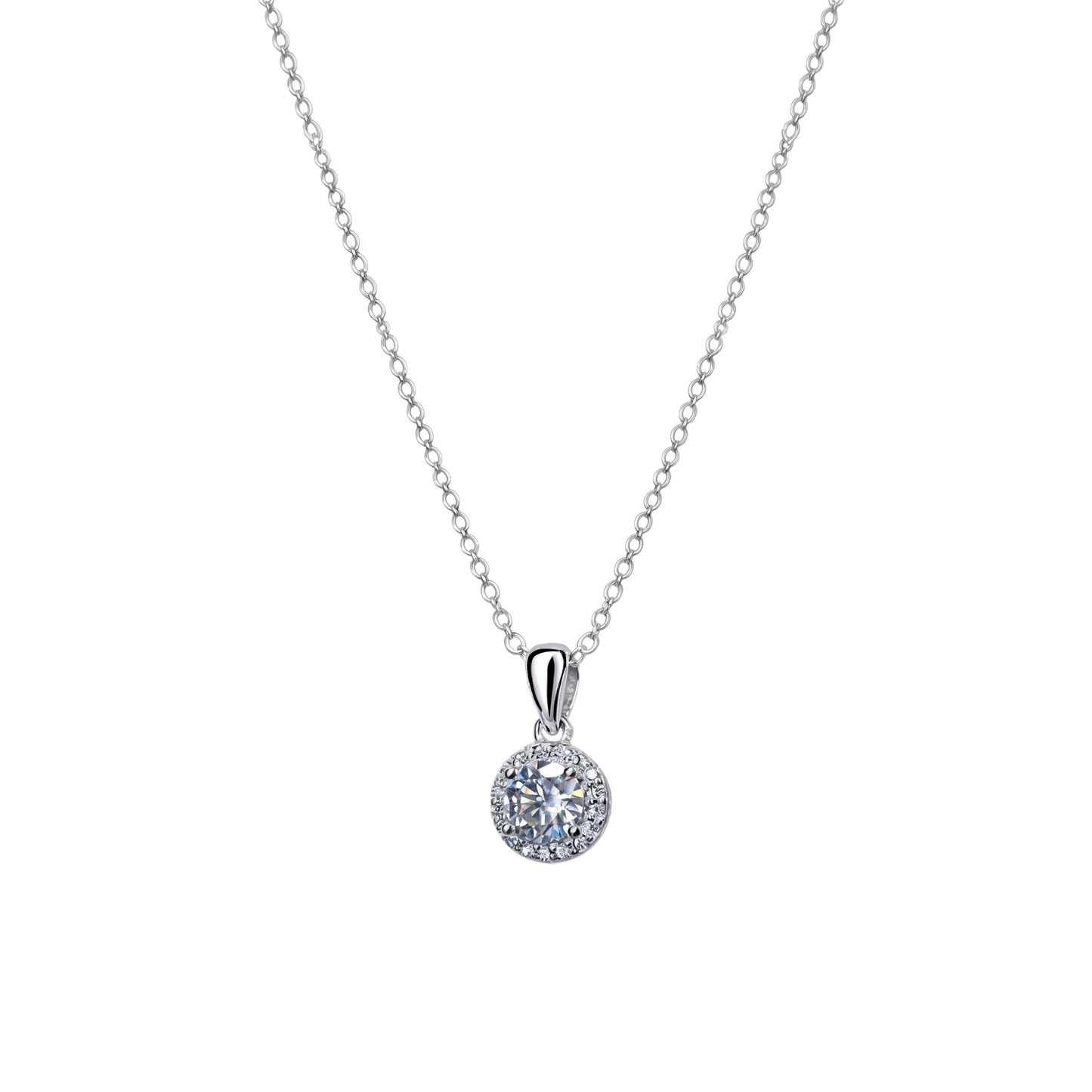 Front view of Sandra sterling silver necklace featuring 1ct VVS D color moissanite with excellent cut, rhodium plated fine silver jewelry.