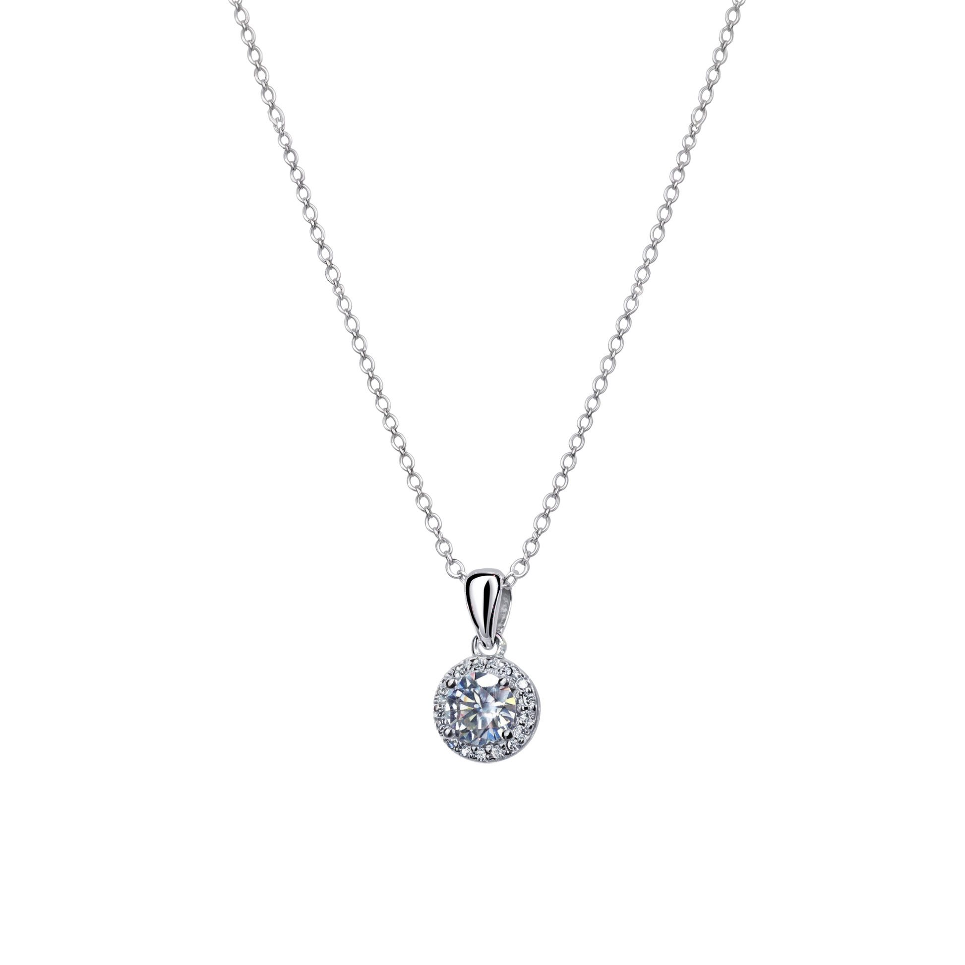 Front view of Sandra sterling silver necklace featuring 1ct VVS D color moissanite with excellent cut, rhodium plated fine silver jewelry.
