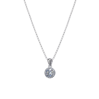 Front view of Sandra sterling silver necklace featuring 1ct VVS D color moissanite with excellent cut, rhodium plated fine silver jewelry.