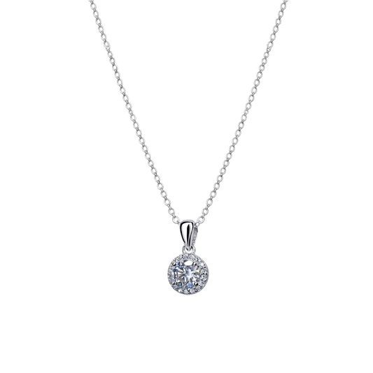 Front view of Sandra sterling silver necklace featuring 1ct VVS D color moissanite with excellent cut, rhodium plated fine silver jewelry.