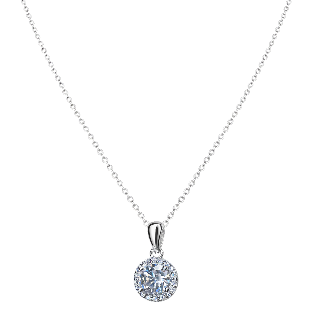 Front view of Sandra sterling silver necklace featuring 1ct VVS D color moissanite with excellent cut, rhodium plated fine silver jewelry.