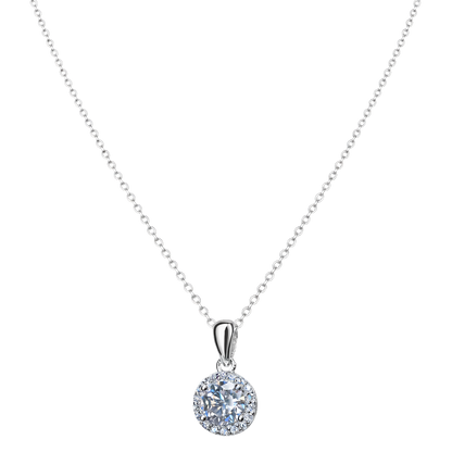 Front view of Sandra sterling silver necklace featuring 1ct VVS D color moissanite with excellent cut, rhodium plated fine silver jewelry.