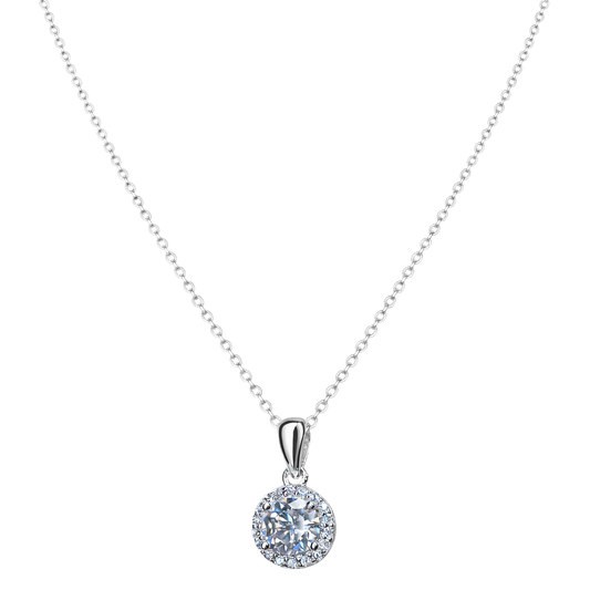 Front view of Sandra sterling silver necklace featuring 1ct VVS D color moissanite with excellent cut, rhodium plated fine silver jewelry.