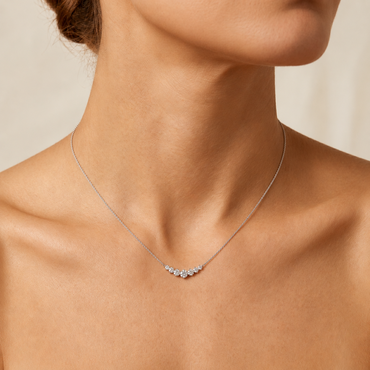 Sanya silver necklace with diamond-like moissanite sparkle, VVS1 D color stones set in sterling silver jewelry.