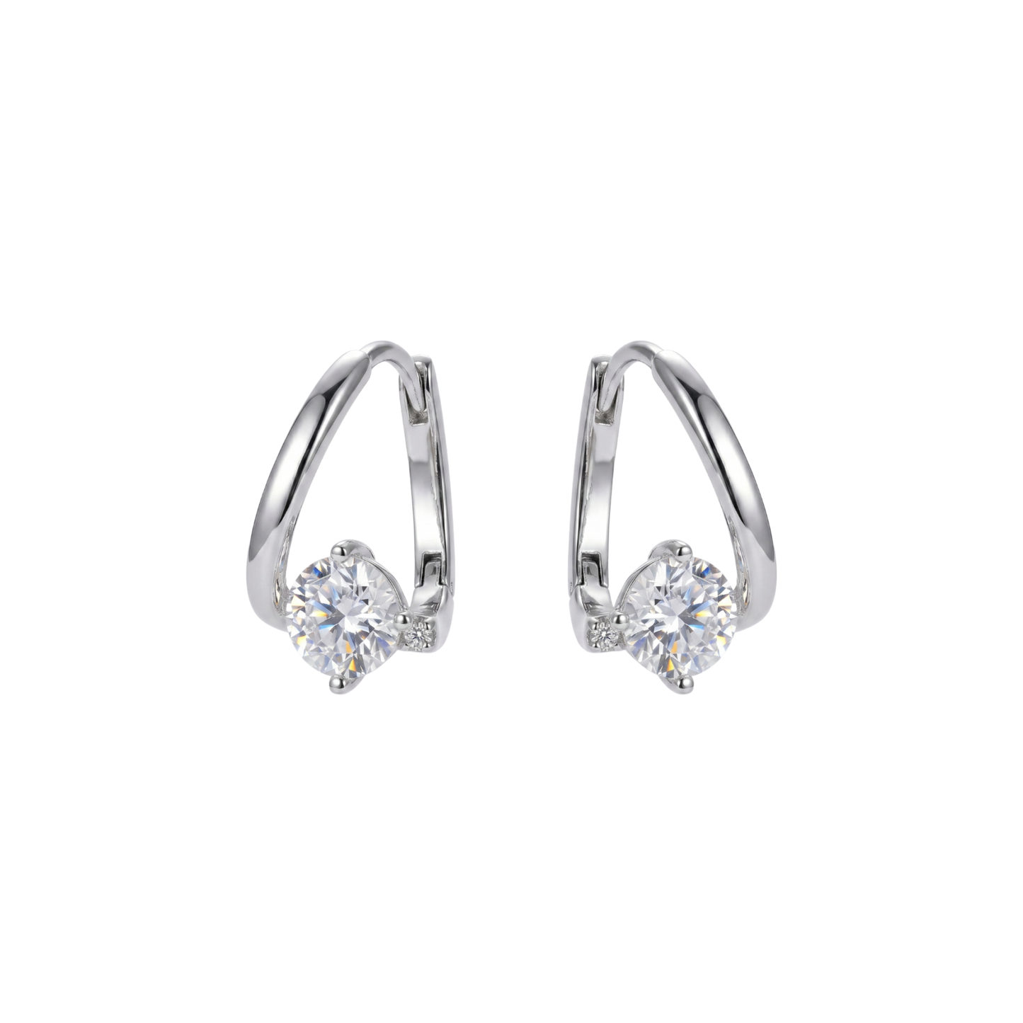 Sanya moissanite hoop earrings crafted in S925 sterling silver with rhodium plated finish, featuring D color VVS moissanite stone with lab grown diamond brilliance.