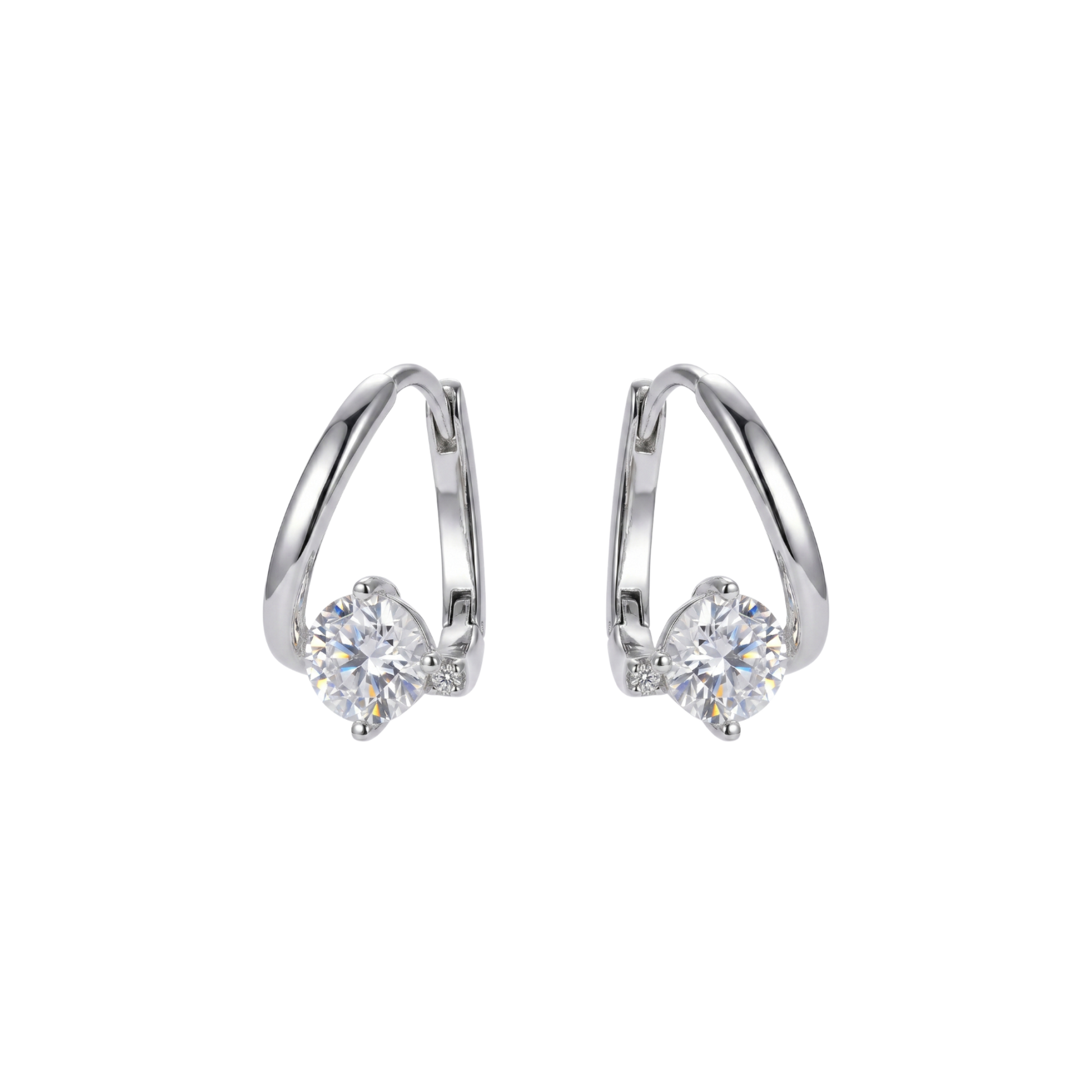 Sanya moissanite hoop earrings crafted in S925 sterling silver with rhodium plated finish, featuring D color VVS moissanite stone with lab grown diamond brilliance.
