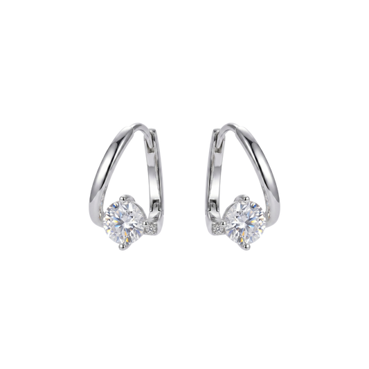 Sanya moissanite hoop earrings crafted in S925 sterling silver with rhodium plated finish, featuring D color VVS moissanite stone with lab grown diamond brilliance.