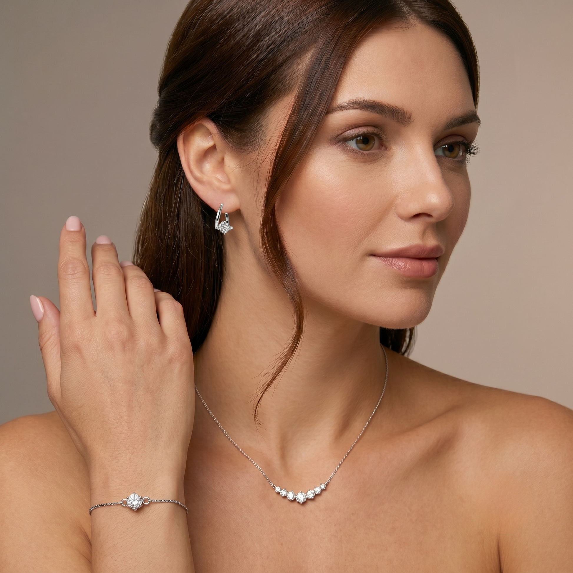 Luxury moissanite necklace and bracelet set crafted in 925 sterling silver with rhodium plating, showcasing brilliant D color VVS1 stones, styled together to emphasize a cohesive, high-end look perfect for everyday elegance or special occasions.