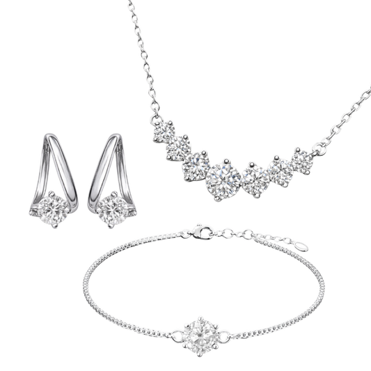 Elegant close-up of the Sanya moissanite jewelry set featuring a sparkling 925 sterling silver necklace, earrings and matching bracelet with D color VVS1 stones, beautifully styled on a clean white background to highlight brilliance, luxury, and timeless design.