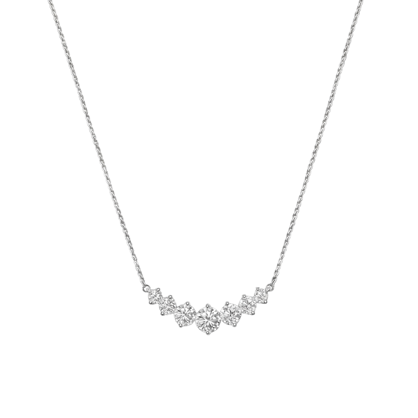 Front view of Sanya moissanite sterling silver necklace in rhodium plated finish, featuring 1.7ct VVS1 D color stones in fine silver jewelry design.