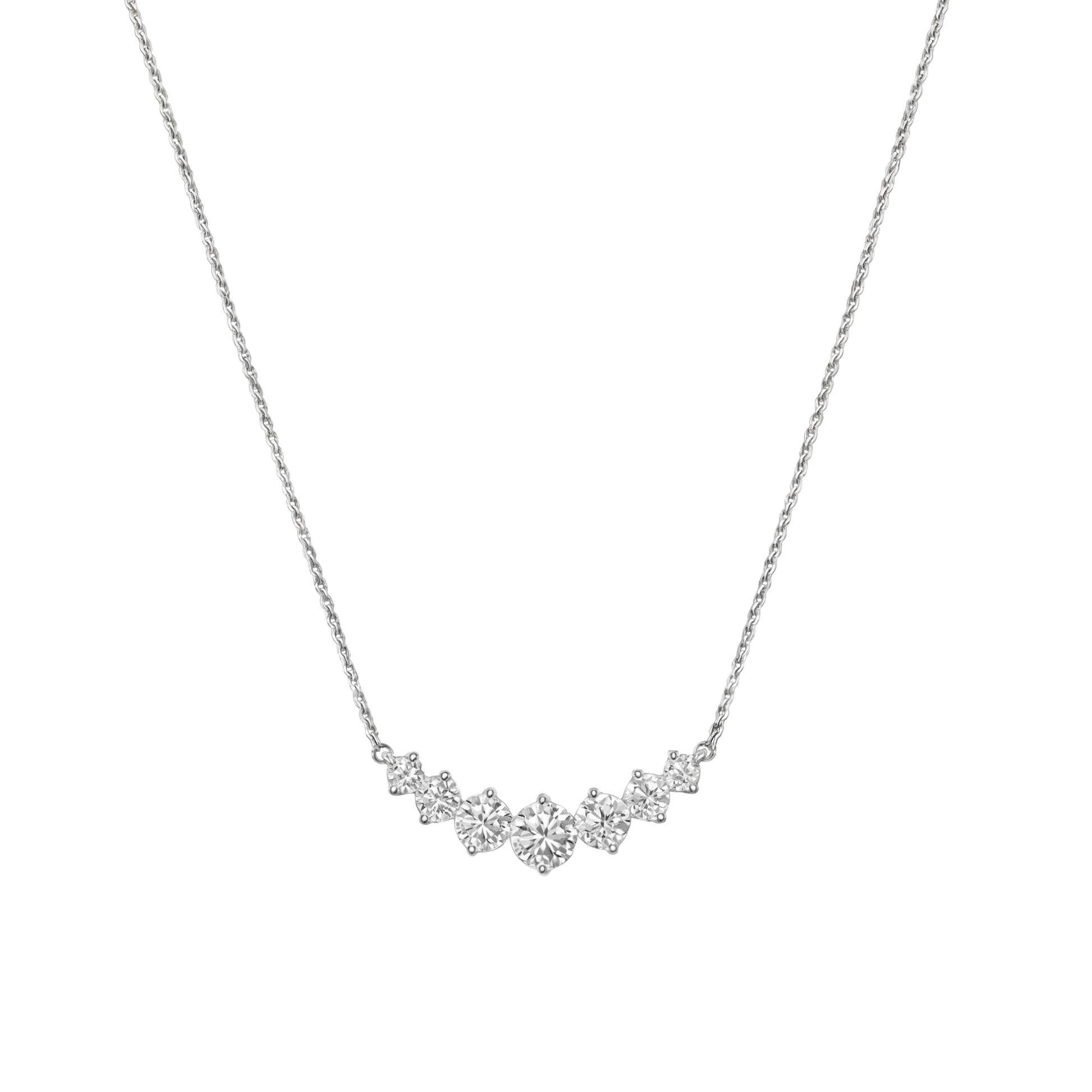 Front view of Sanya moissanite sterling silver necklace in rhodium plated finish, featuring 1.7ct VVS1 D color stones in fine silver jewelry design.