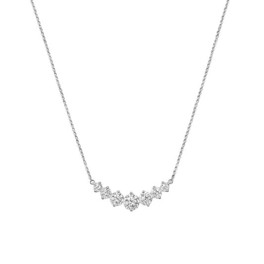 Front view of Sanya moissanite sterling silver necklace in rhodium plated finish, featuring 1.7ct VVS1 D color stones in fine silver jewelry design.