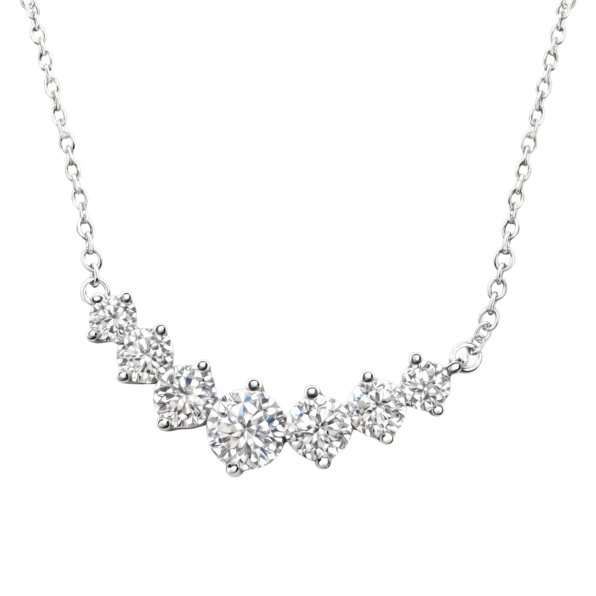 Close-up detail of moissanite stones on Sanya sterling silver necklace, highlighting VVS1 clarity and D color brilliance in rhodium plated silver jewelry.