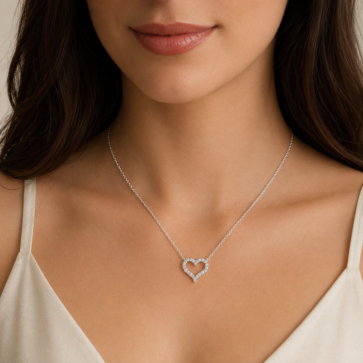 Detailed view of sterling silver chain and rhodium plated finish paired with pavé moissanite heart pendant.