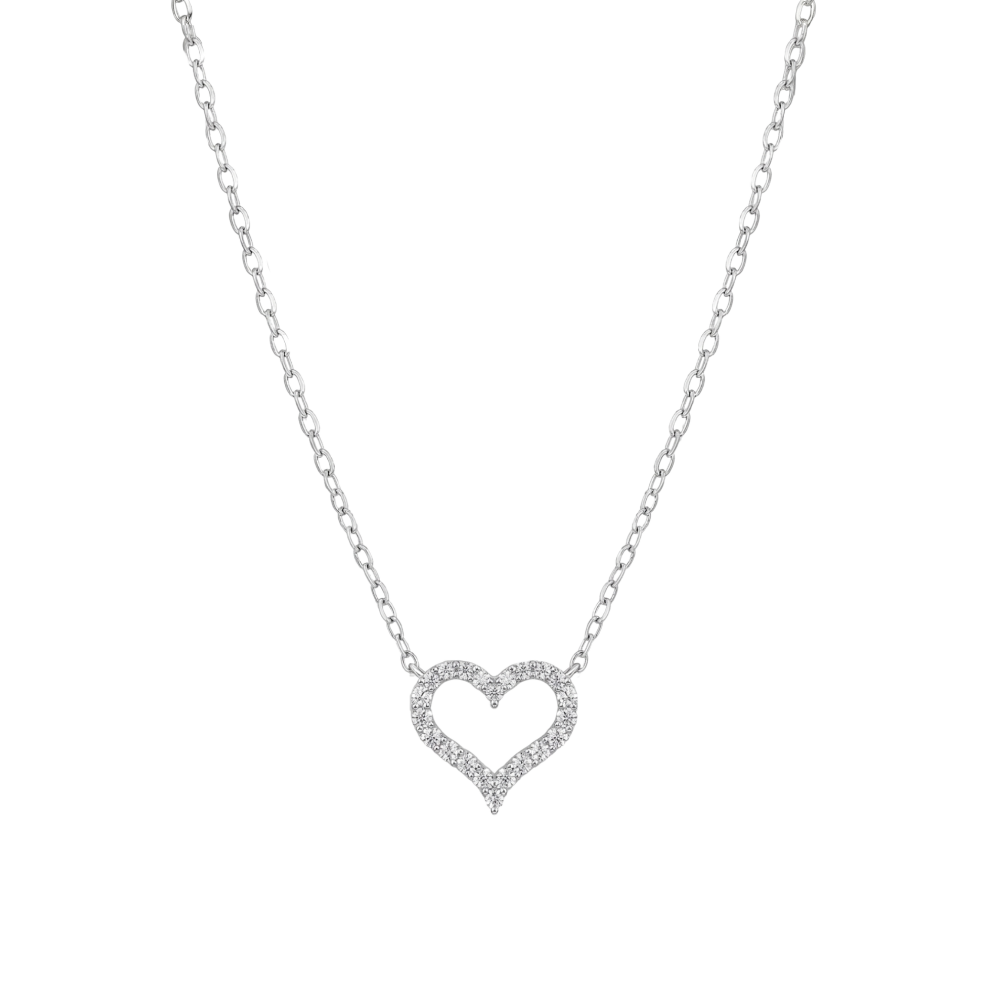 Front view of Sarah heart moissanite sterling silver necklace with rhodium plated finish and 0.6ct VVS D color pavé stones.